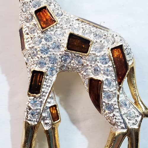 Vintage Roman Gold Tone Encrusted Clear and Amber Rhinestones Giraffe Brooch Pin - Thumbnail 2