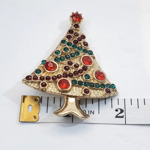 Vintage Gold Tone Metal Red Green Rhinestones Christmas Tree Brooch Pin - Thumbnail 4