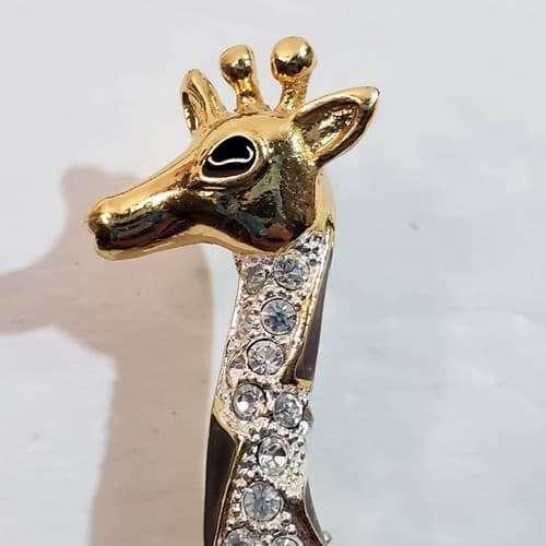 Vintage Roman Gold Tone Encrusted Clear and Amber Rhinestones Giraffe Brooch Pin - Thumbnail 3