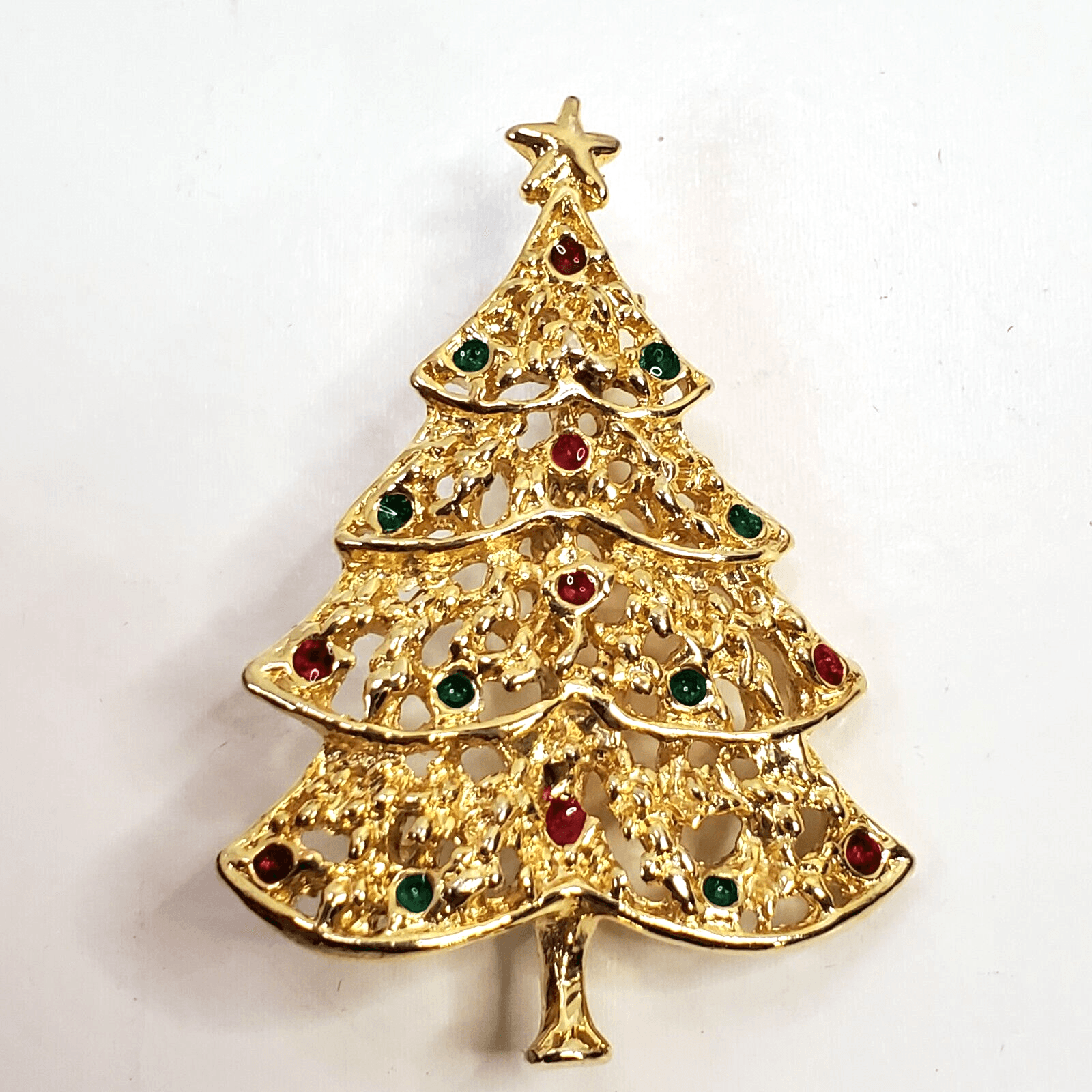 Vintage AA1 Open Work Gold Tone Red Green Rhinestones Christmas Tree Brooch Pin