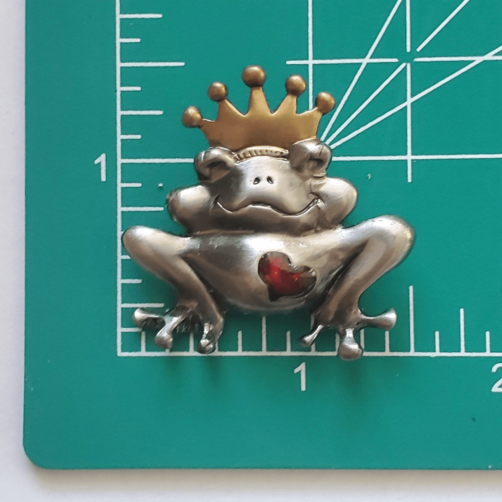Silver Gold Tone Crown Frog Prince Brooch Pin Valentine's Day Red Enamel Heart - Thumbnail 3