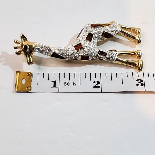 Vintage Roman Gold Tone Encrusted Clear and Amber Rhinestones Giraffe Brooch Pin - Thumbnail 6