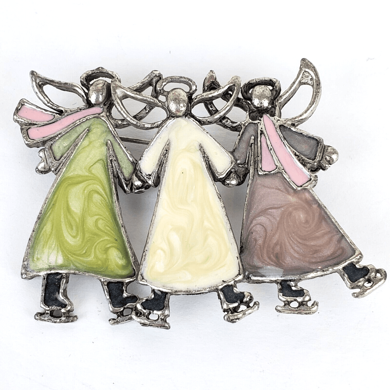 Silver Tone Metal Multi-color Swirl Enamel 3 Angels on Ice Skates Brooch Pin