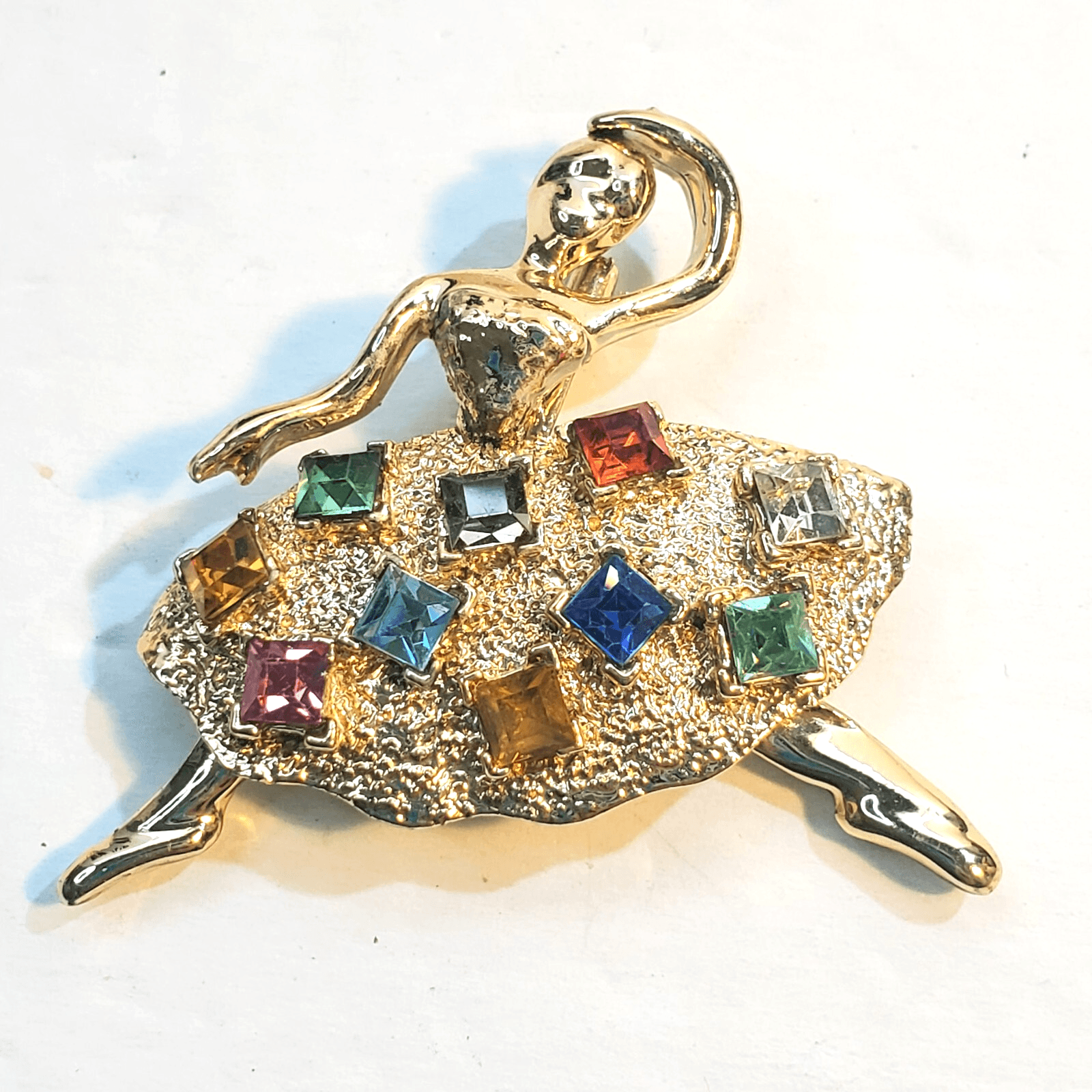 Vtg Gold Tone Textured Skirt Colorful Square Rhinestones Ballerina Brooch Pin