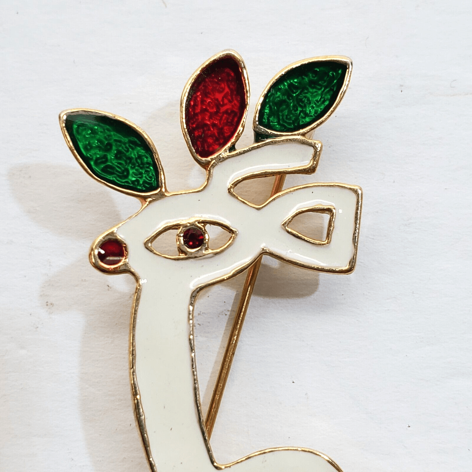 Vtg Gold Tone White Red Green Enamel Prancing Reindeer Christmas Brooch Pin - Thumbnail 2