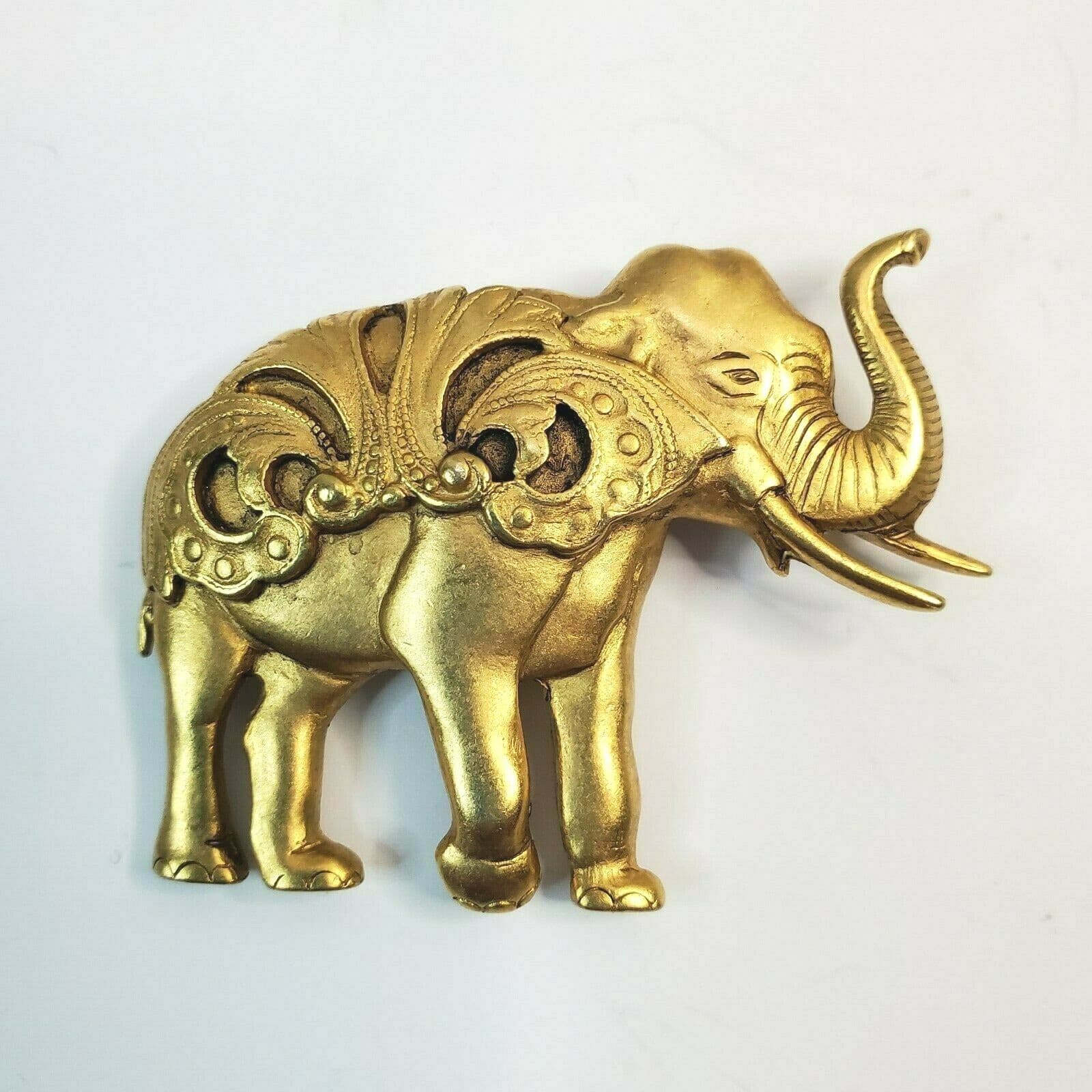 Vintage Matte Gold Tone Layered Metal Trunk Up Tusks Elephant Brooch Pin