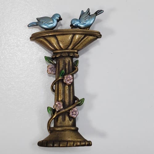 Vintage JJ Jonette Bluebirds Golden Metal Enamel Bird Bath Pin Brooch Jewelery
