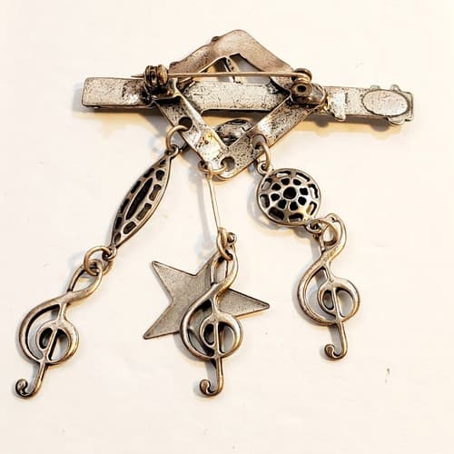 Vintage Pewter Tone Metal Musical Music Notes Treble Star Dangle Brooch Pin - Thumbnail 2