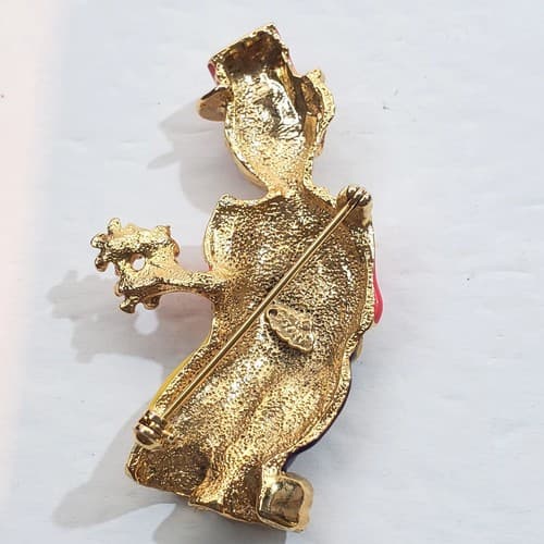 Vintage Covann Gold Tone Metal Enamel Clown in Suit with Flowers Brooch Pin - Thumbnail 3