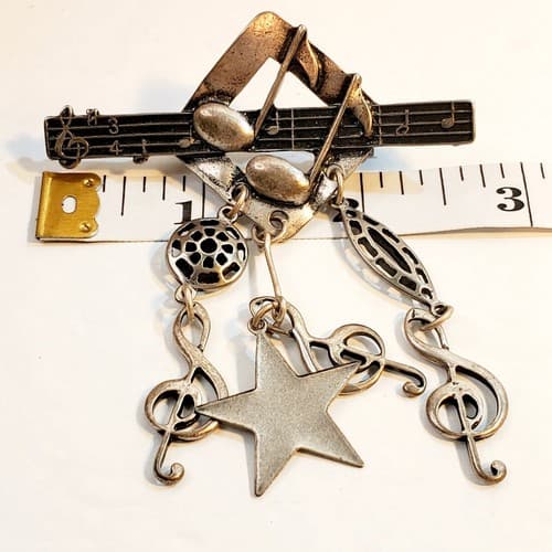 Vintage Pewter Tone Metal Musical Music Notes Treble Star Dangle Brooch Pin - Thumbnail 3