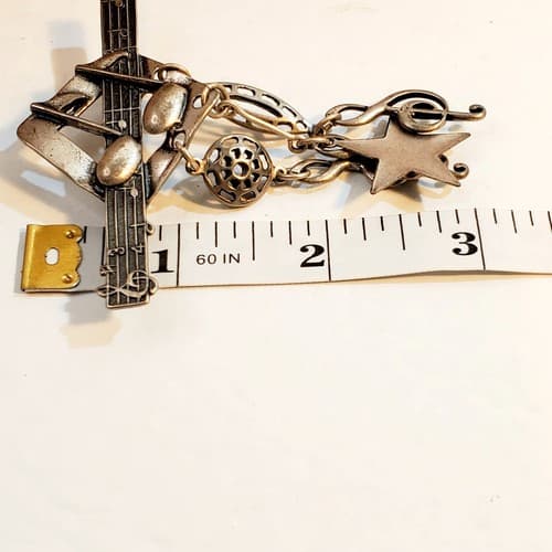 Vintage Pewter Tone Metal Musical Music Notes Treble Star Dangle Brooch Pin - Thumbnail 4