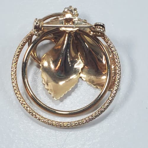 Vintage Gold Tone Metal & Red Rhinestones Double Circle Brooch Pin - Thumbnail 2