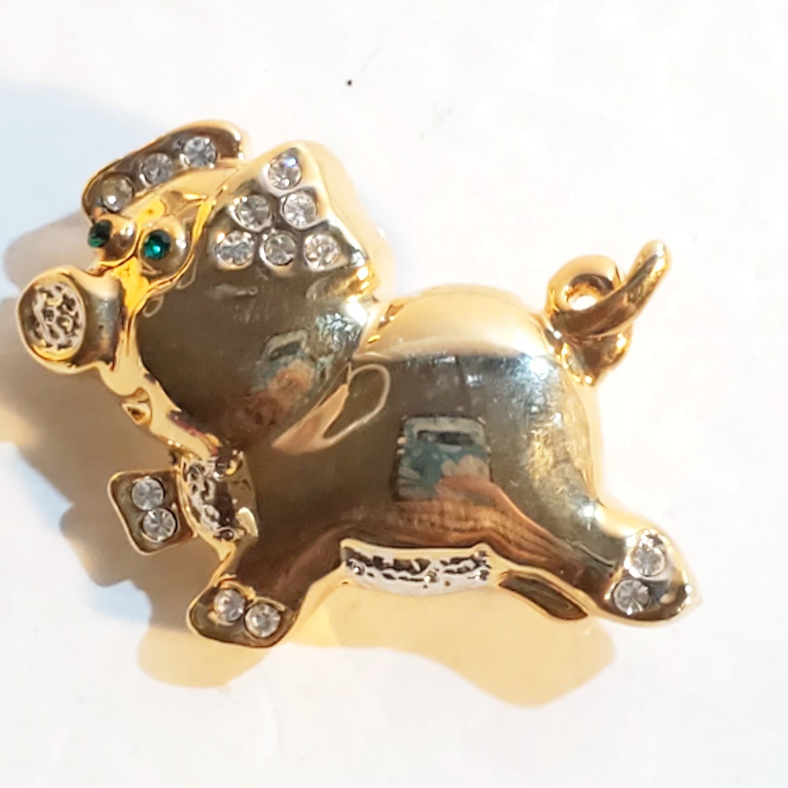 Shiny Gold Tone Green Clear Rhinestones Pig Hog Brooch Pin Farmhouse Animal