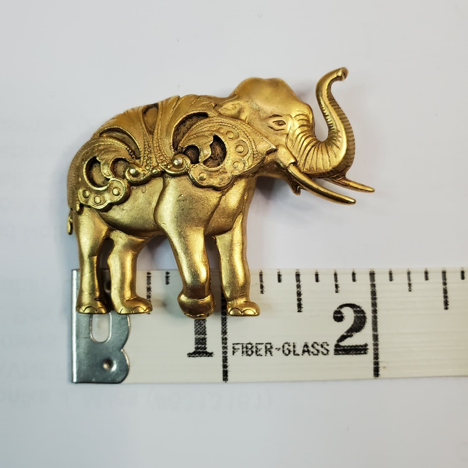 Vintage Matte Gold Tone Layered Metal Trunk Up Tusks Elephant Brooch Pin - Thumbnail 3