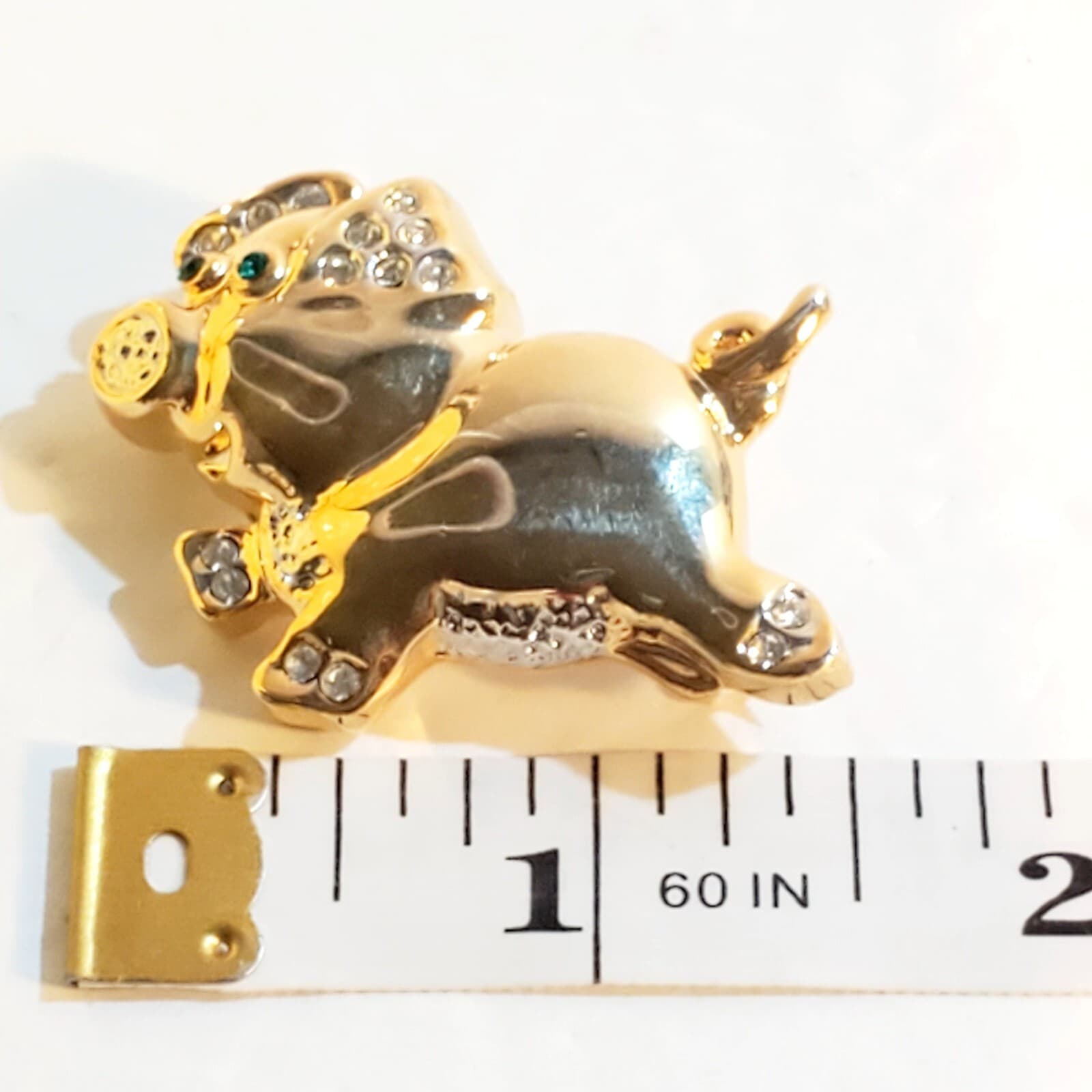 Shiny Gold Tone Green Clear Rhinestones Pig Hog Brooch Pin Farmhouse Animal - Thumbnail 3
