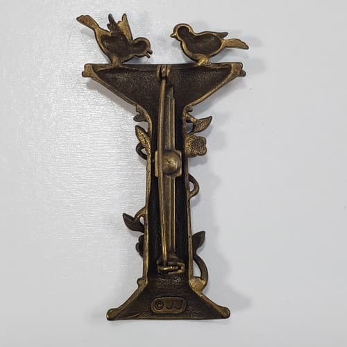 Vintage JJ Jonette Bluebirds Golden Metal Enamel Bird Bath Pin Brooch Jewelery - Thumbnail 2