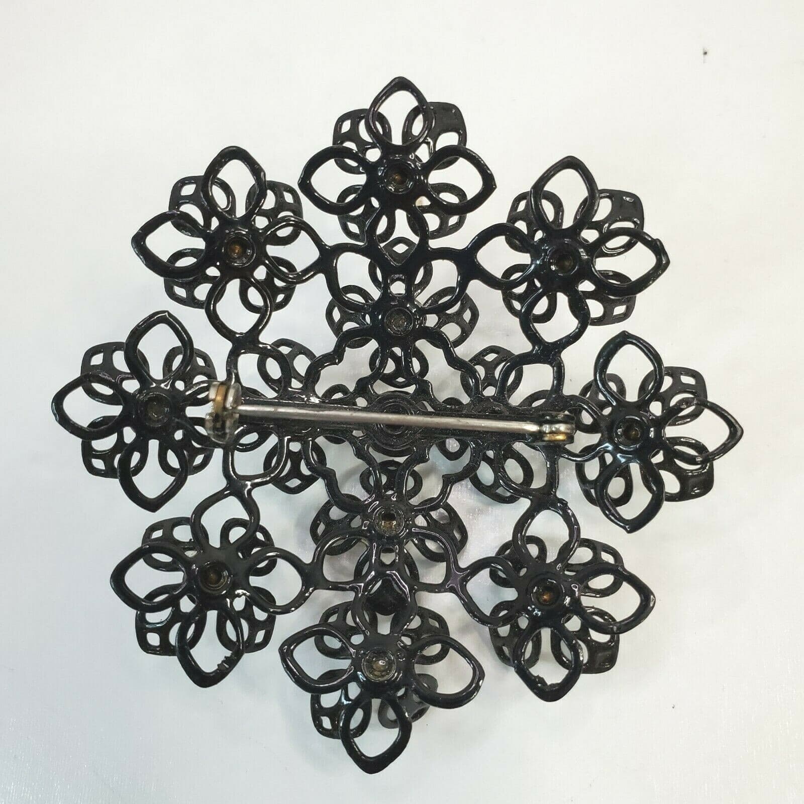 Vintage Large Coated Wire Black Flowers Floral Clear Rhinestones Brooch Pin - Thumbnail 2