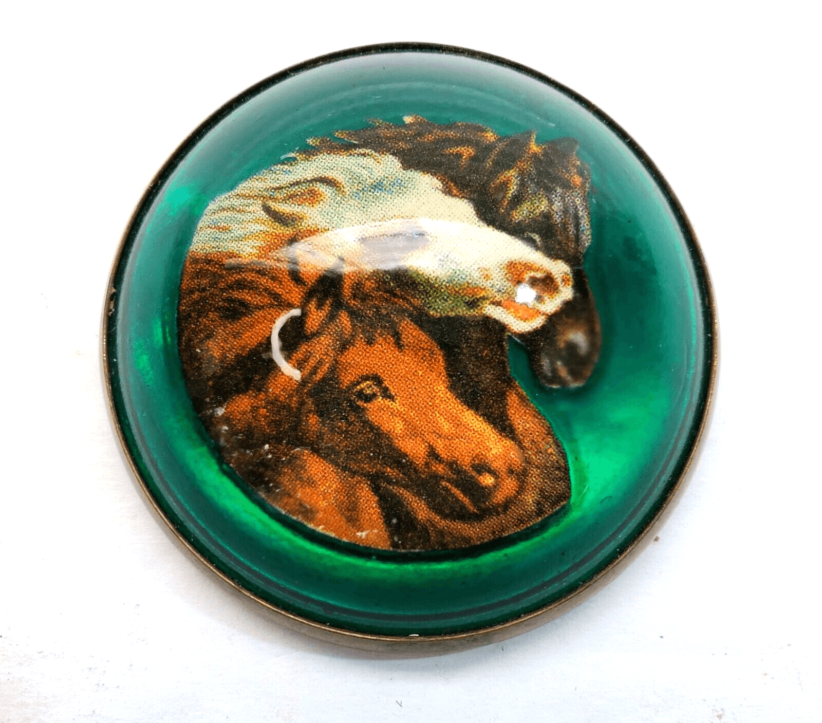 Vtg Reverse Painted Dome Bubble Glass Brooch Pin 3 Wild Horse Heads Green