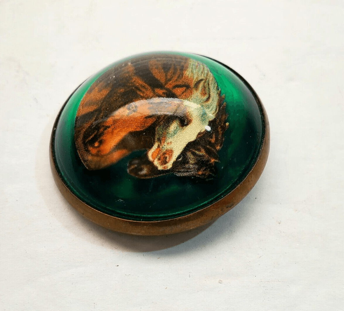 Vtg Reverse Painted Dome Bubble Glass Brooch Pin 3 Wild Horse Heads Green - Thumbnail 2