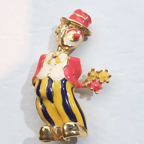Vintage Covann Gold Tone Metal Enamel Clown in Suit with Flowers Brooch Pin