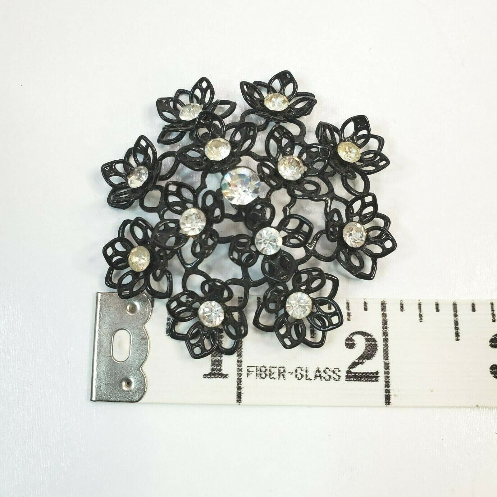 Vintage Large Coated Wire Black Flowers Floral Clear Rhinestones Brooch Pin - Thumbnail 3