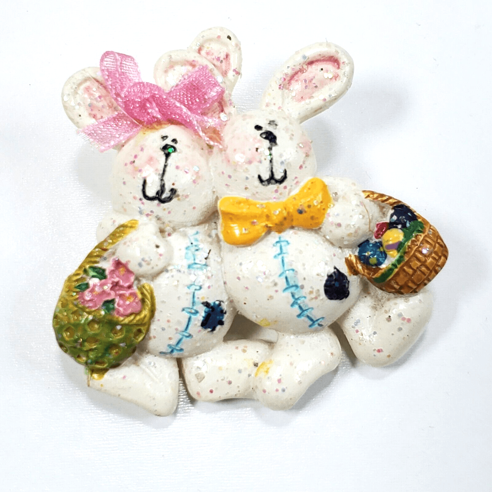 Vintage Bunny Couple with Baskets Eggs Flowers Easter Spring Resin Brooch Pin