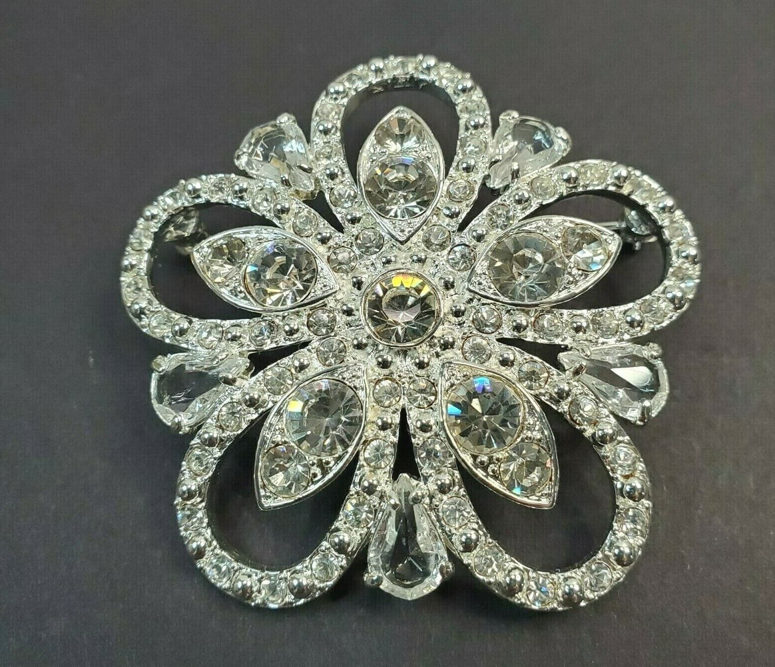Vintage LC Liz Claiborne Silver Tone Metal & Clear Rhinestones Flower Brooch Pin