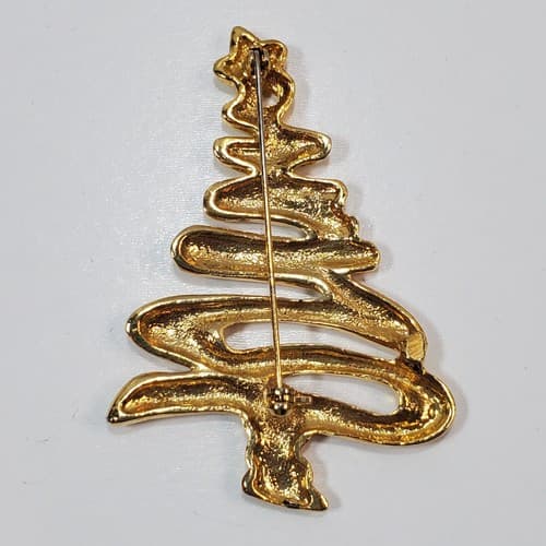 Vintage Gold Tone Metal & Green Rhinestones Christmas Tree Brooch Pin Holiday - Thumbnail 2