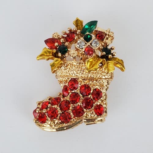 Vintage Goldtone & Multicolor Rhinestones Santas Boot Christmas Pin Brooch