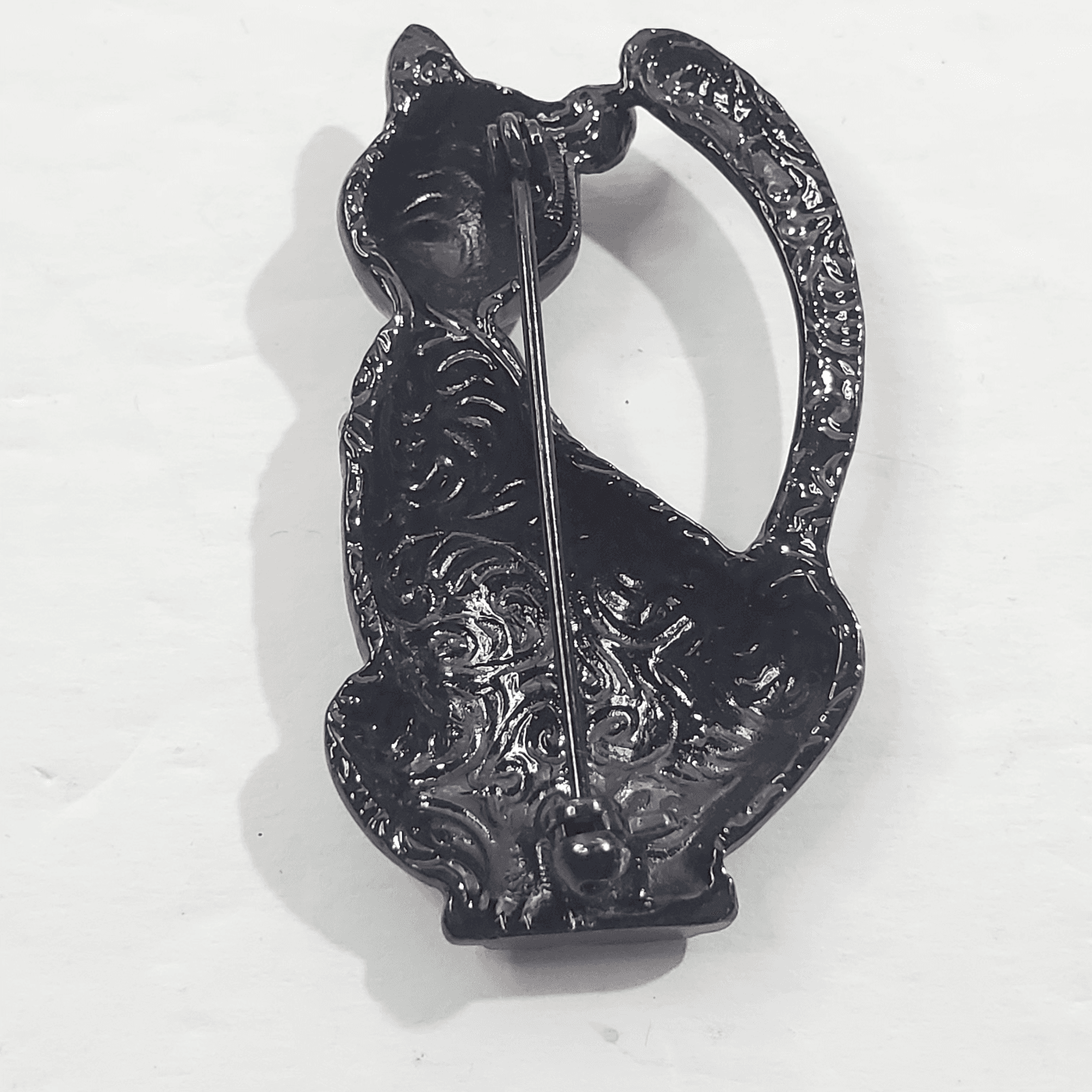 Black Tone Metal Pink Rhinestones Eyes Scarf MCM Cat Kitty Kitten Brooch Pin - Thumbnail 2