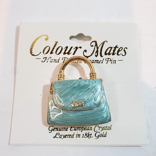 Vtg Colour Mates Hand Painted Aqua Swirl Enamel Purse Brooch Pin Genuine Crystal