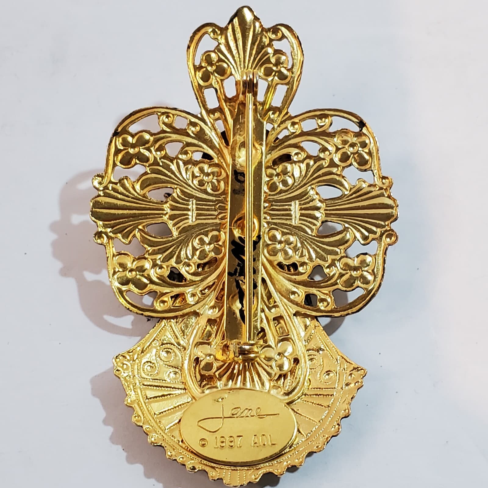 Vintage 1997 Jane Davis Angel Of Love Rhinestone Cut Out Mixed Metals Brooch Pin - Thumbnail 2