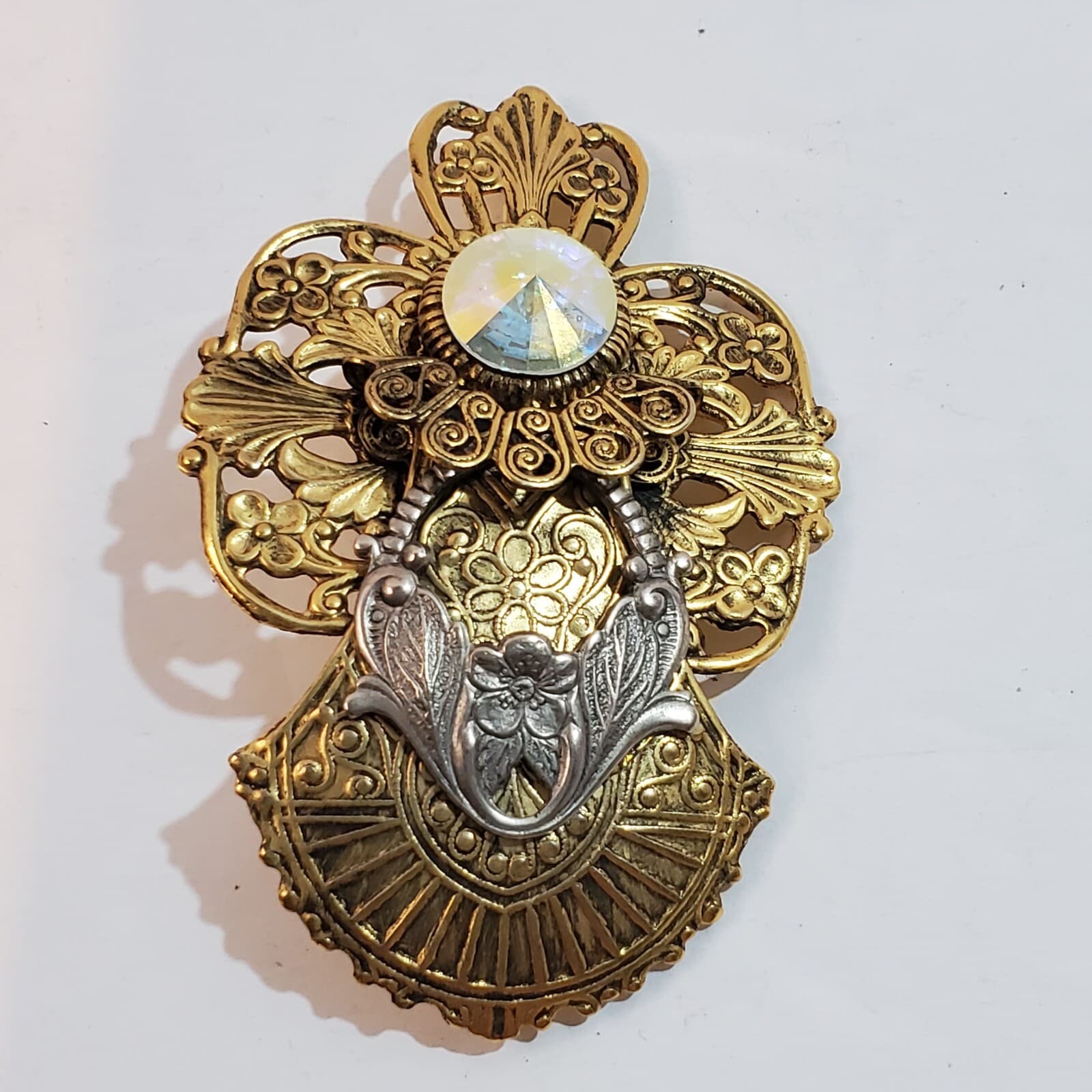 Vintage 1997 Jane Davis Angel Of Love Rhinestone Cut Out Mixed Metals Brooch Pin