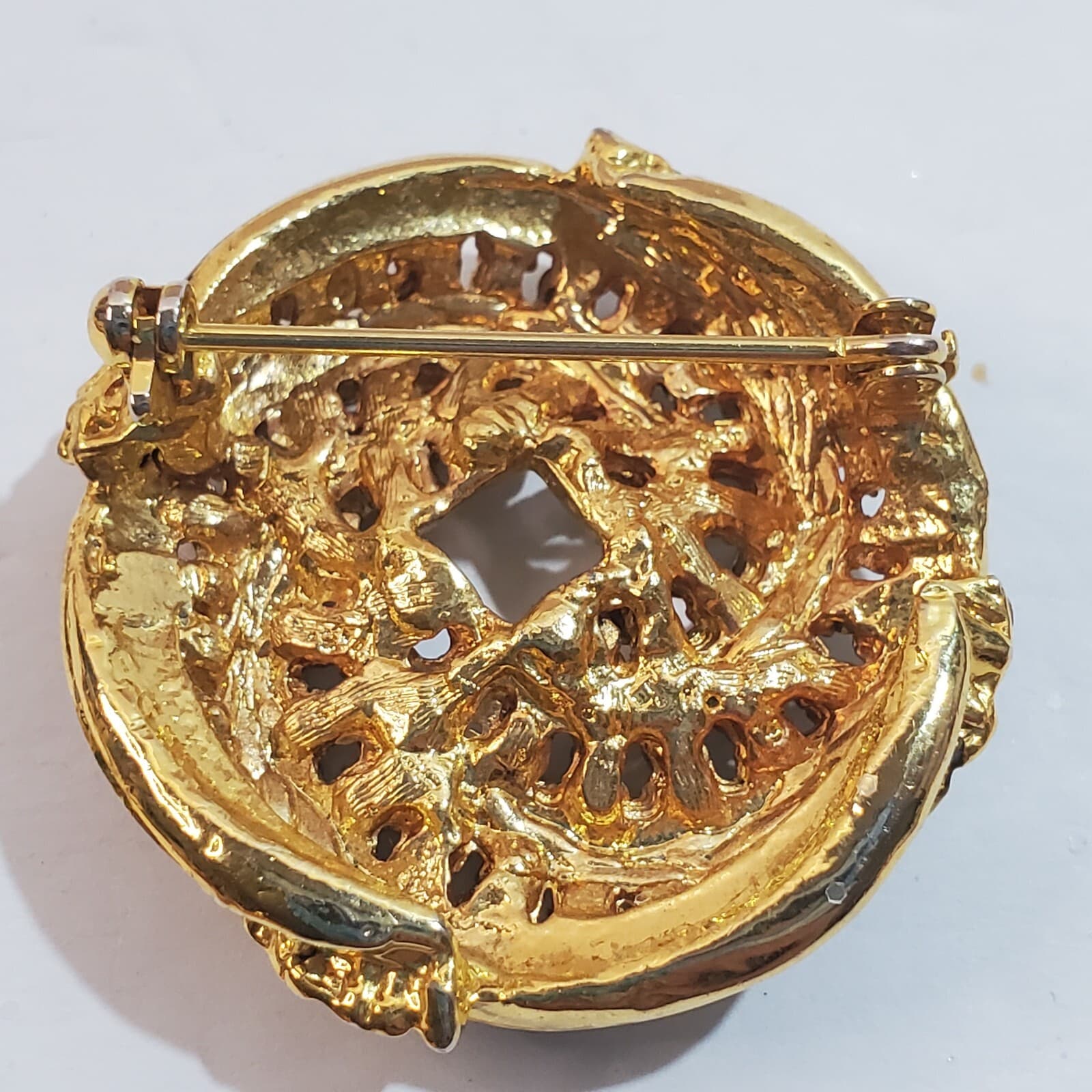 Vintage Gold Tone Black Enamel Clear Rhinestone Swirl Knot Circle Brooch Pin - Thumbnail 2