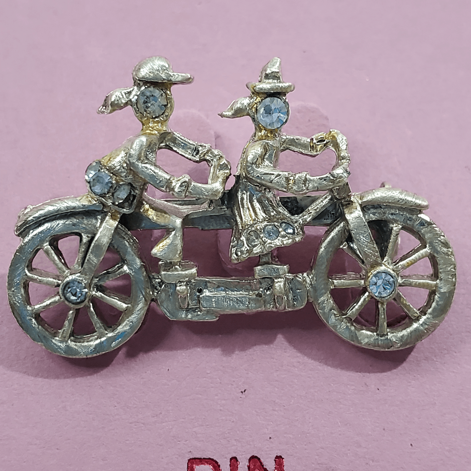 Vintage Serendipity Gold Tone Metal Clear Rhinestones Double Bicycle Brooch Pin - Thumbnail 2