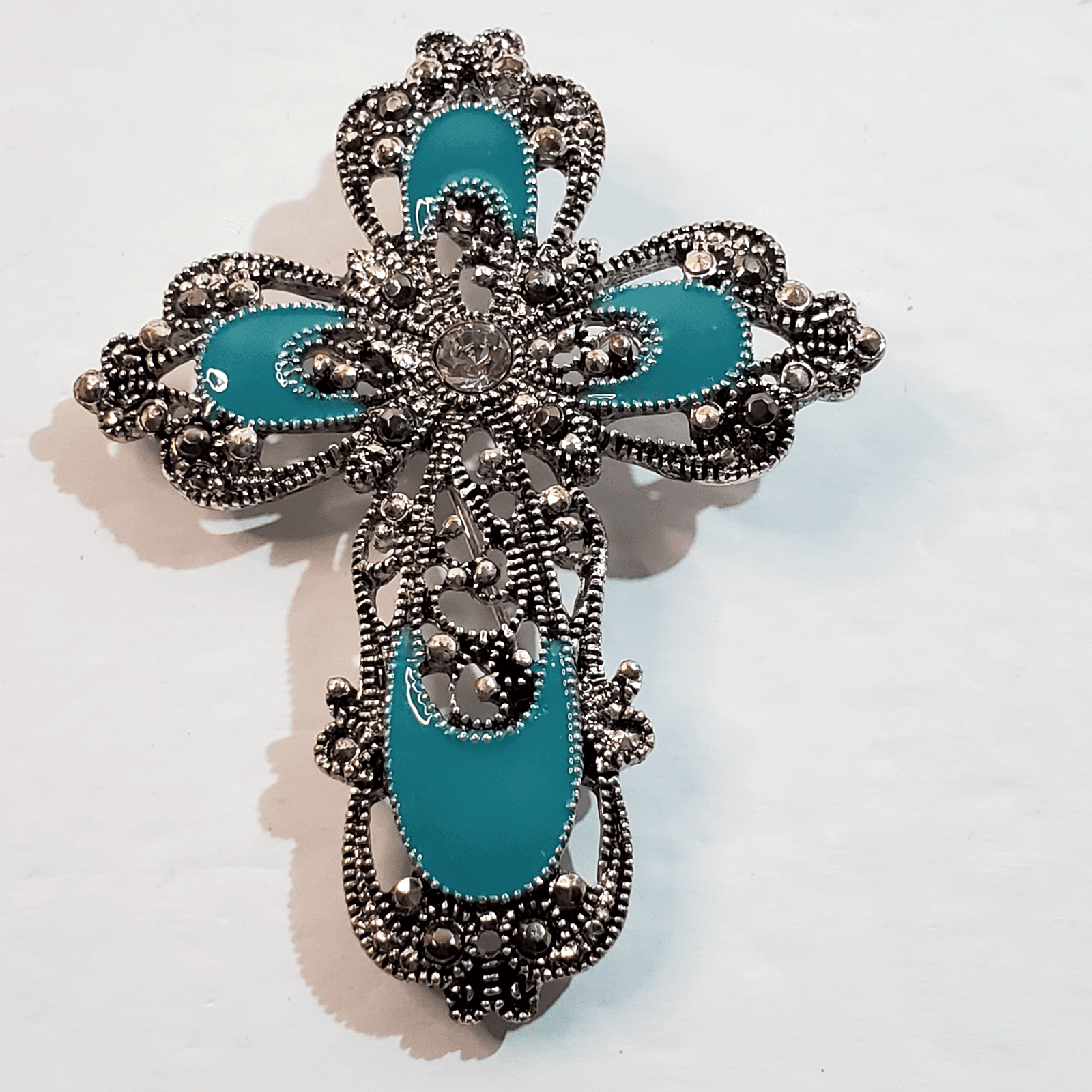 Pewter Tone Textured Metal Enamel Rhinestone Cross Religious Brooch Pin Pendant
