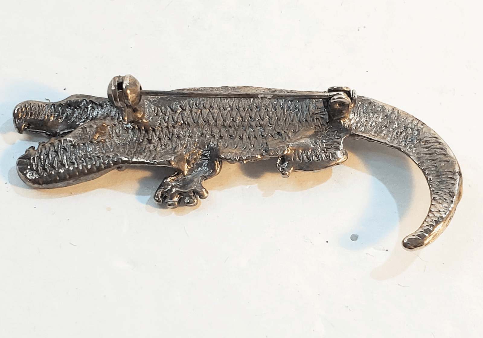 Vintage Pewter Tone Metal Enamel Alligator Crocodile Gator Croc Brooch Pin - Thumbnail 3
