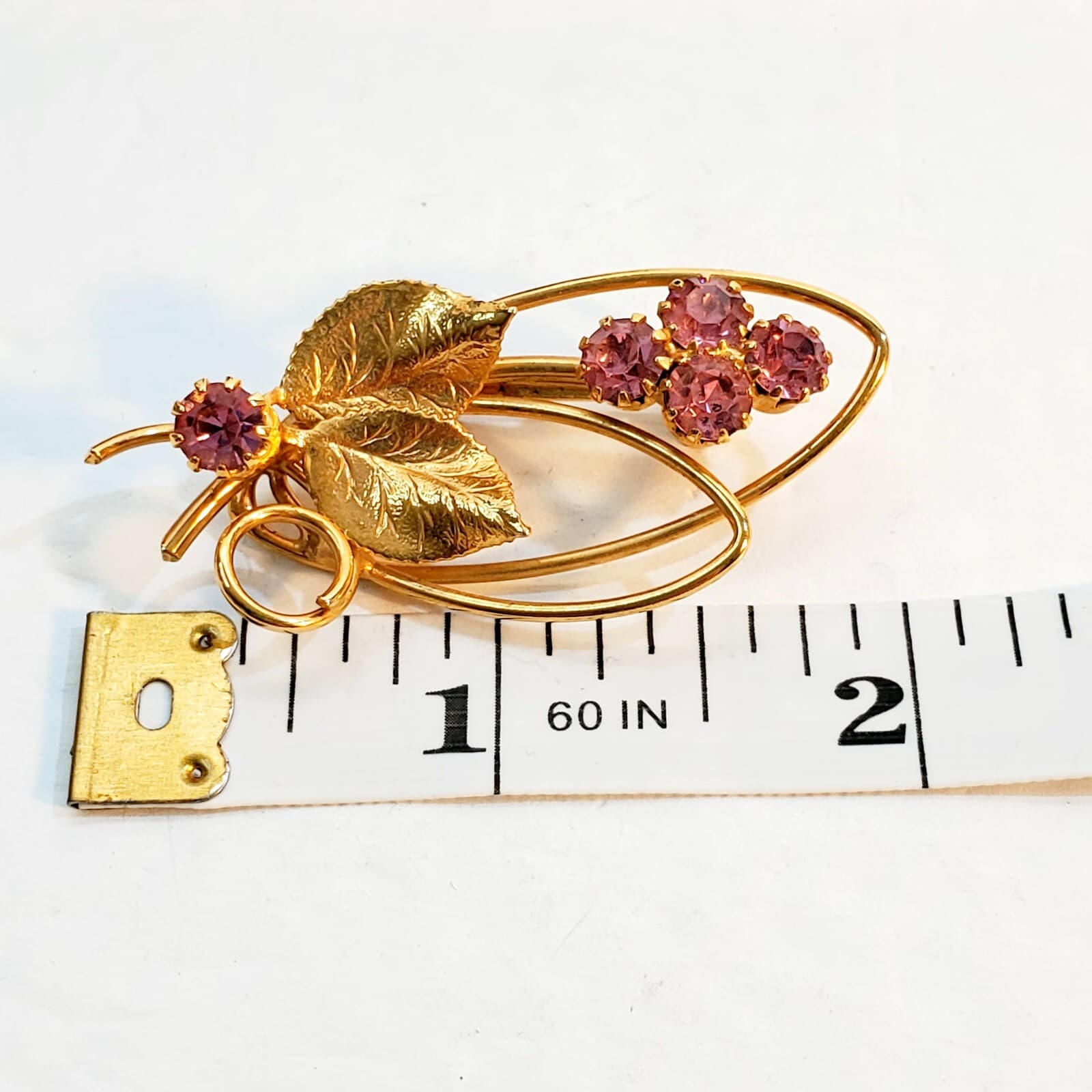 Vintage MCM Gold Tone Pinkish Purple Rhinestones Flower Bouquet Brooch Pin - Thumbnail 3