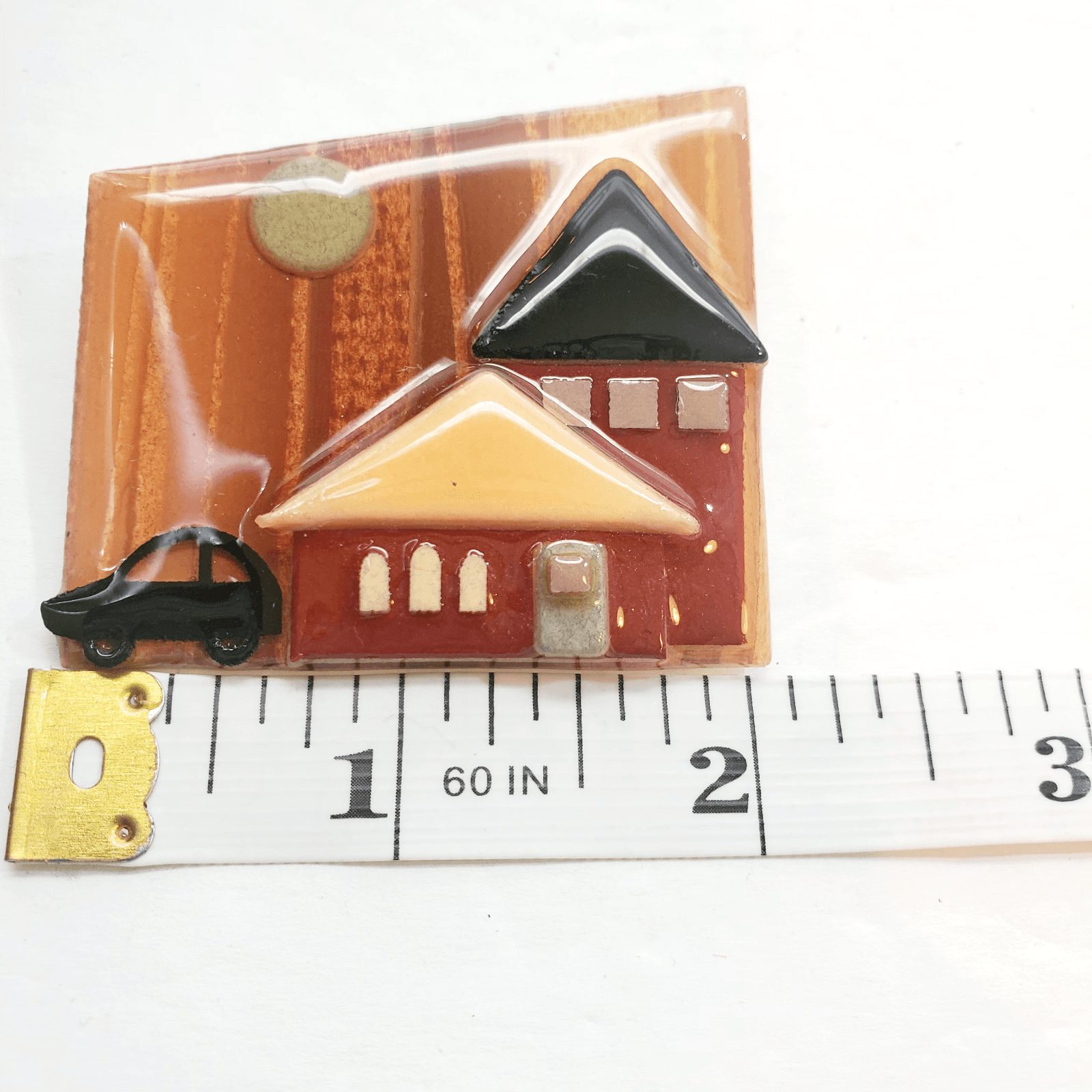 Vintage Lucinda House Pins Asymmetrical 2 Houses with Black Car Pin Brooch - Thumbnail 3