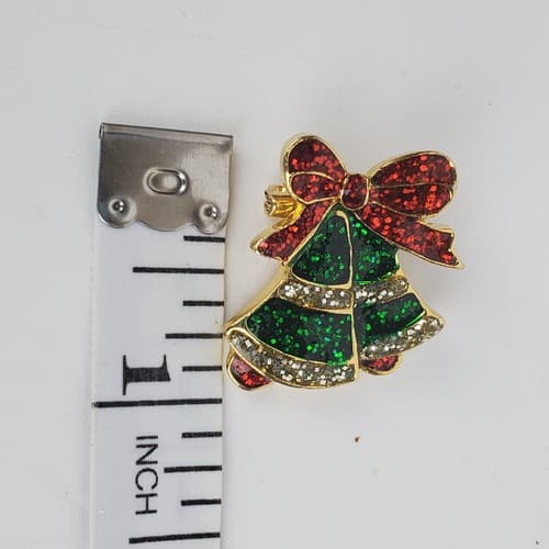 Gold Tone Red Green Silver Sparkle Enamel Christmas Bells Ribbon Brooch Pin - Thumbnail 3