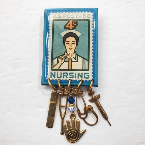 Vintage USPS Resin Metal Nursing Postage Stamp Brooch Pin with Dangle Charms