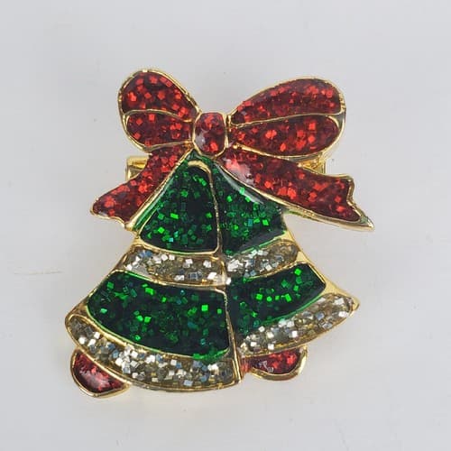 Gold Tone Red Green Silver Sparkle Enamel Christmas Bells Ribbon Brooch Pin