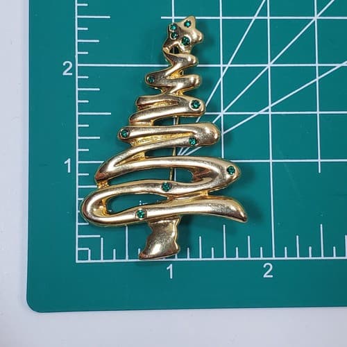 Vintage Gold Tone Metal & Green Rhinestones Christmas Tree Brooch Pin Holiday - Thumbnail 3
