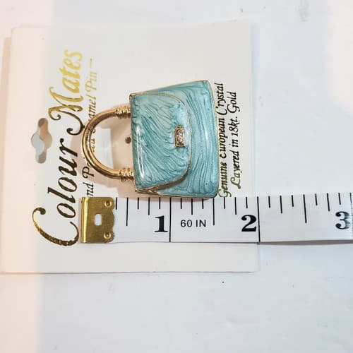 Vtg Colour Mates Hand Painted Aqua Swirl Enamel Purse Brooch Pin Genuine Crystal - Thumbnail 3