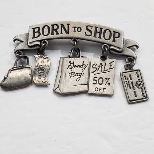 Vintage Signed JJ Jonette Pewter Metal Born To Shop 5 Dangle Charm Brooch Pin