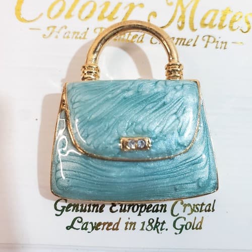 Vtg Colour Mates Hand Painted Aqua Swirl Enamel Purse Brooch Pin Genuine Crystal - Thumbnail 2