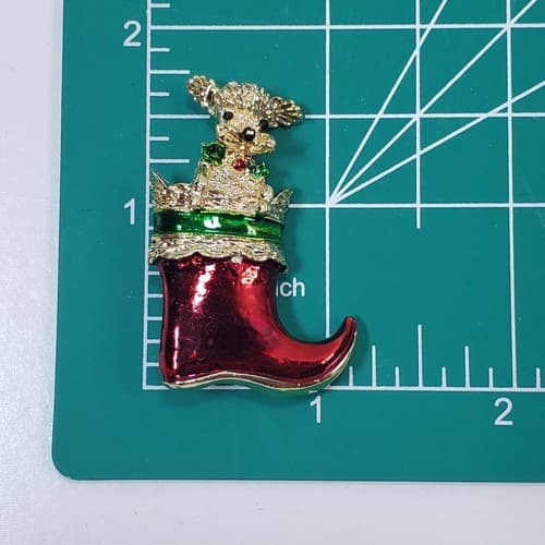 Vintage Gerry's Gold Tone Red Green Enamel Dog In Stocking Christmas Brooch Pin - Thumbnail 3