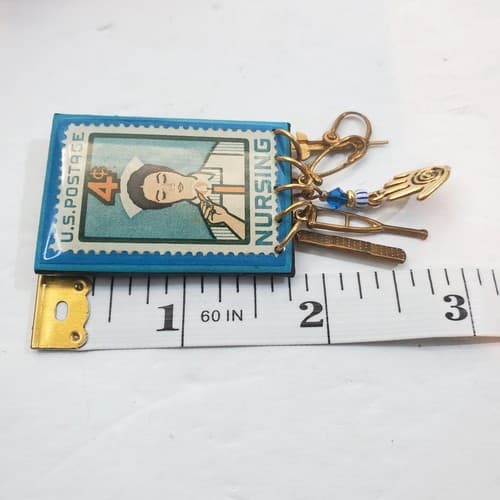 Vintage USPS Resin Metal Nursing Postage Stamp Brooch Pin with Dangle Charms - Thumbnail 5