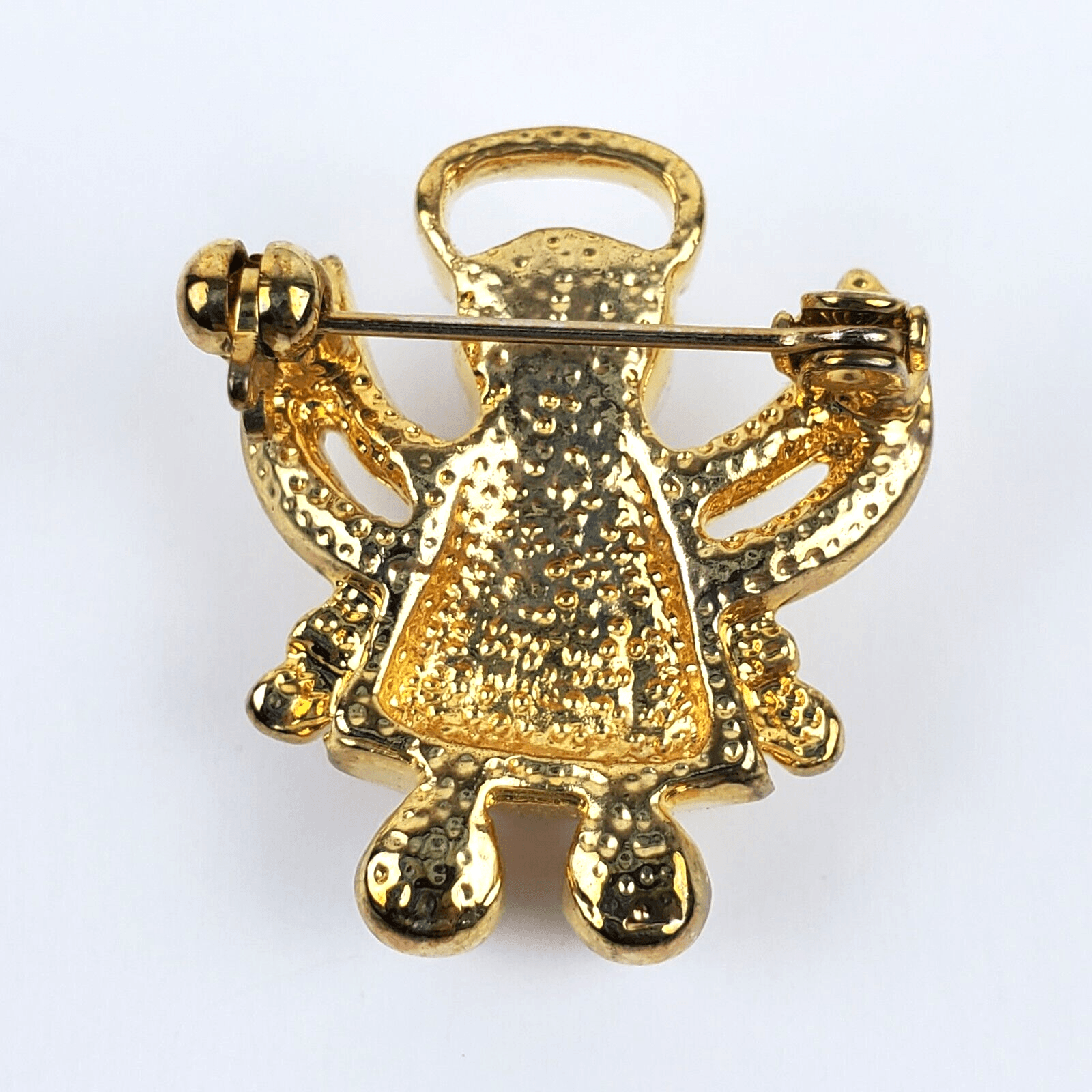 Vintage Small Gold Tone Metal Faux Pearls Clear Rhinestones Angel Brooch Pin - Thumbnail 2