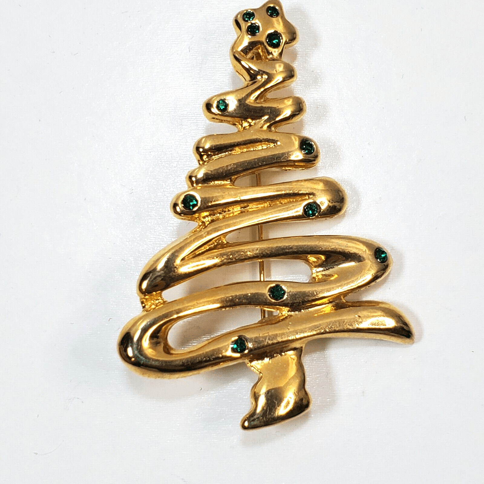 Vintage Gold Tone Metal & Green Rhinestones Christmas Tree Brooch Pin Holiday